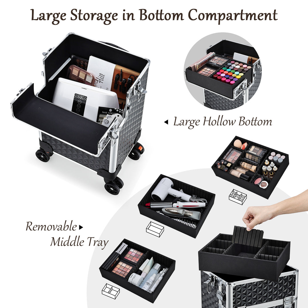 makeup rolling case with large storage in bottom compartment