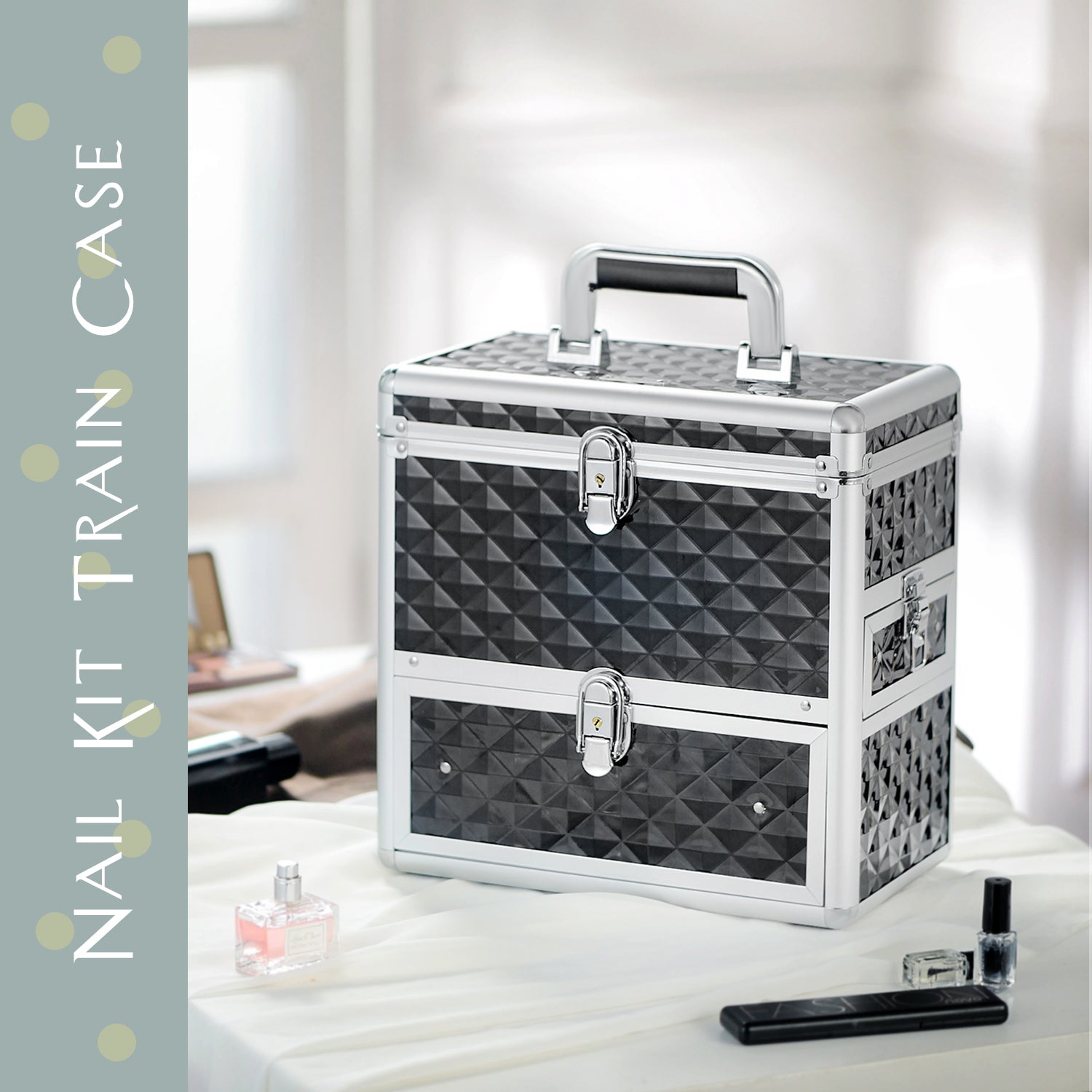 Black Nail Polish Makeup Case with Drawer and Dividers M81Q 