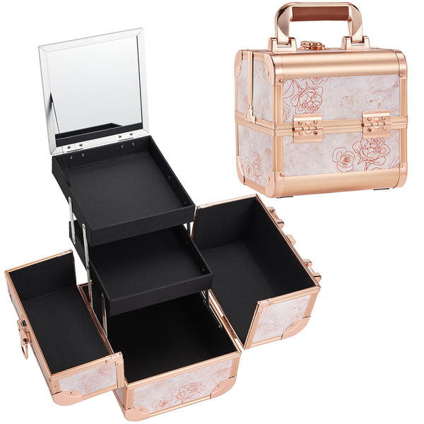 Marble Rose Gold Style+2Tier Trays with Mirror Makeup Case M83Z