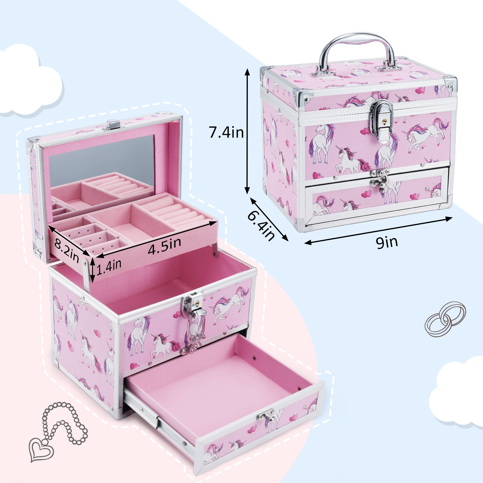 Unicorn Pink Jewelry Box Organizer with Drawer & Mirror M82W