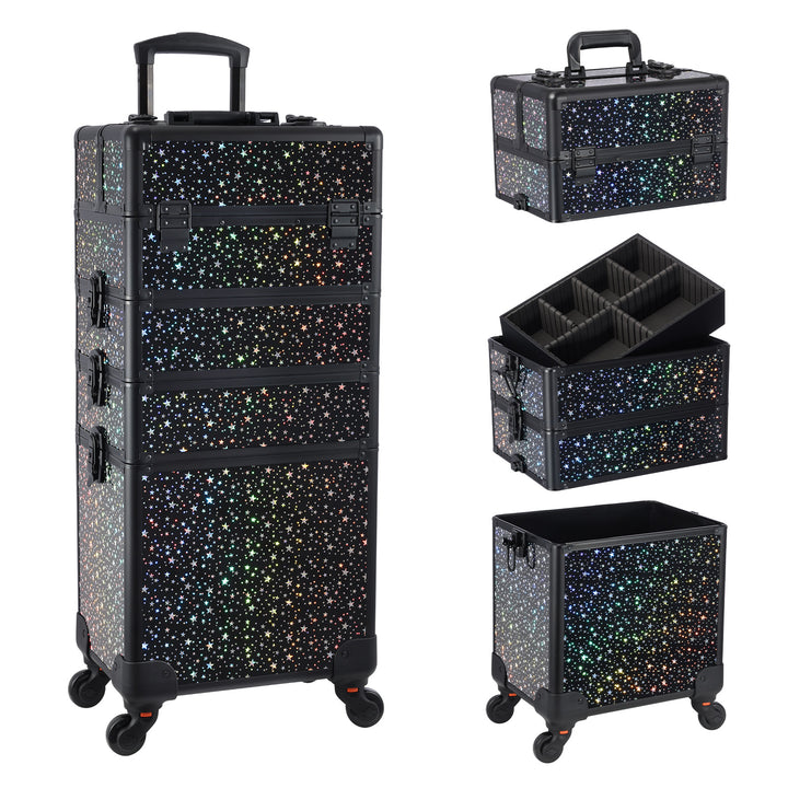 Black Glitter Star Rolling Vanity Case - Adaptable Design for Beauty Enthusiasts