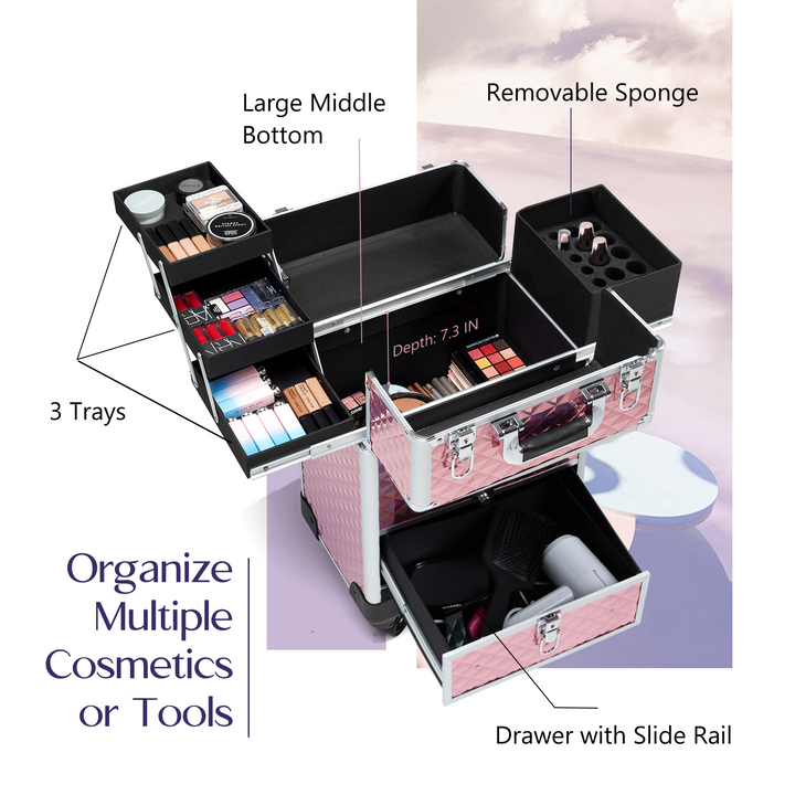 High Capacity Rolling Makeup Case - Organize Multiple Cosmetics or Tools