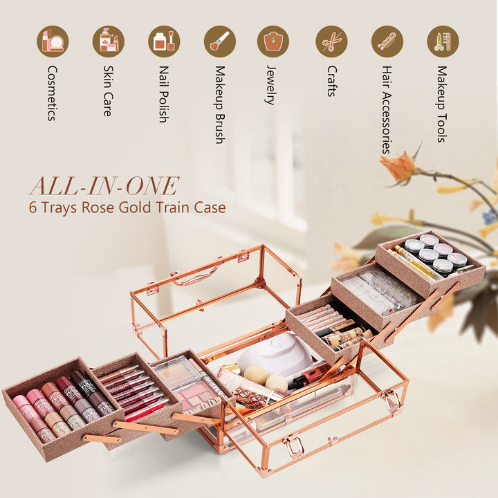 all-in-one 6 trays rose gold train case - Joligrace