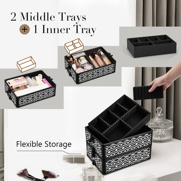 flexible makeup storage with 2 middle trays and 1 inner tray