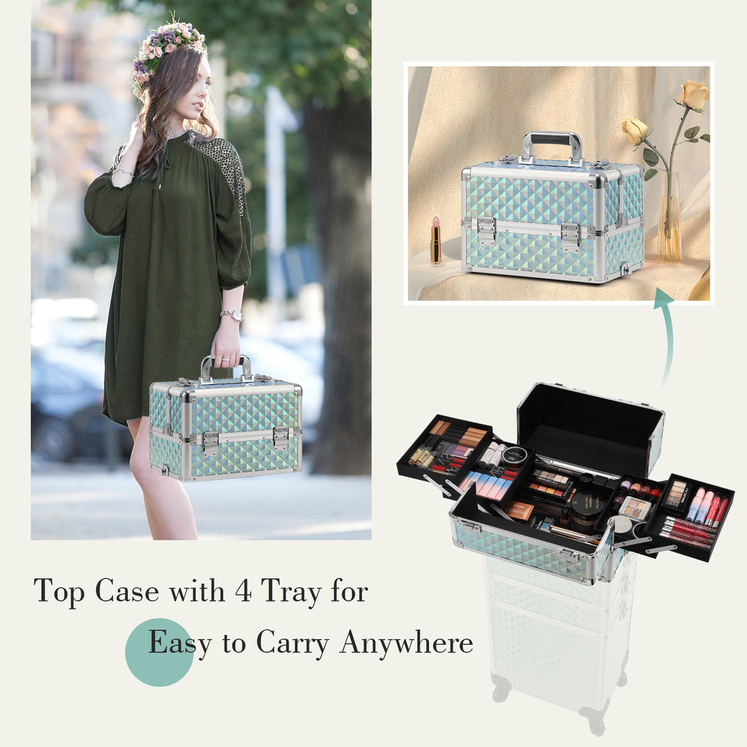 top case with 4 tray rolling makeup storage - easy to carry anywhere