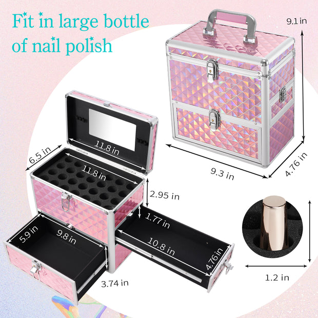 Joligrace Makeup Train Case 12-inch Large Makeup Box Nail Supply Organizer  with 28 Nail Polish Storage Slots Lockable Portable Cosmetic Travel Train