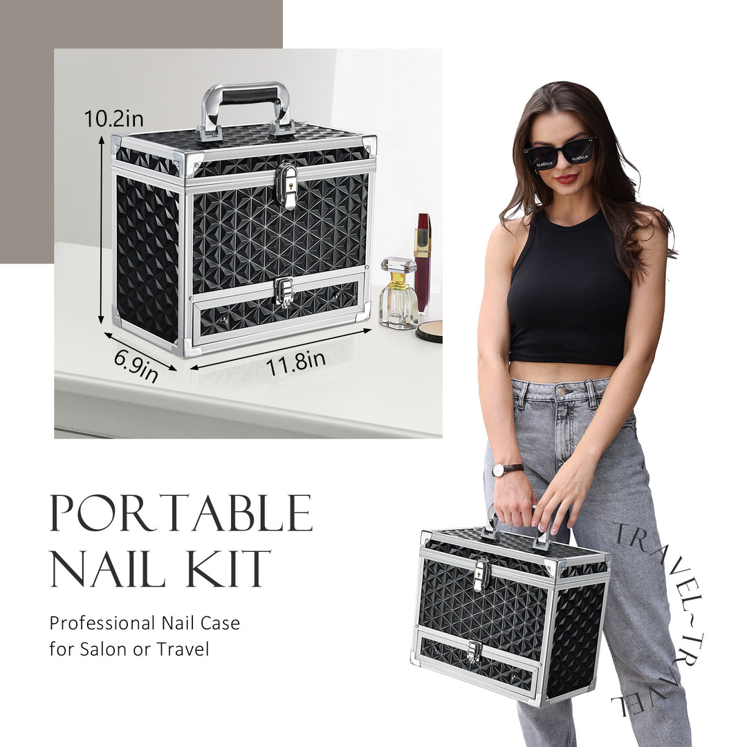 Fashion-forward Model with Glossy Black Beauty Box - Sleek and Stylish