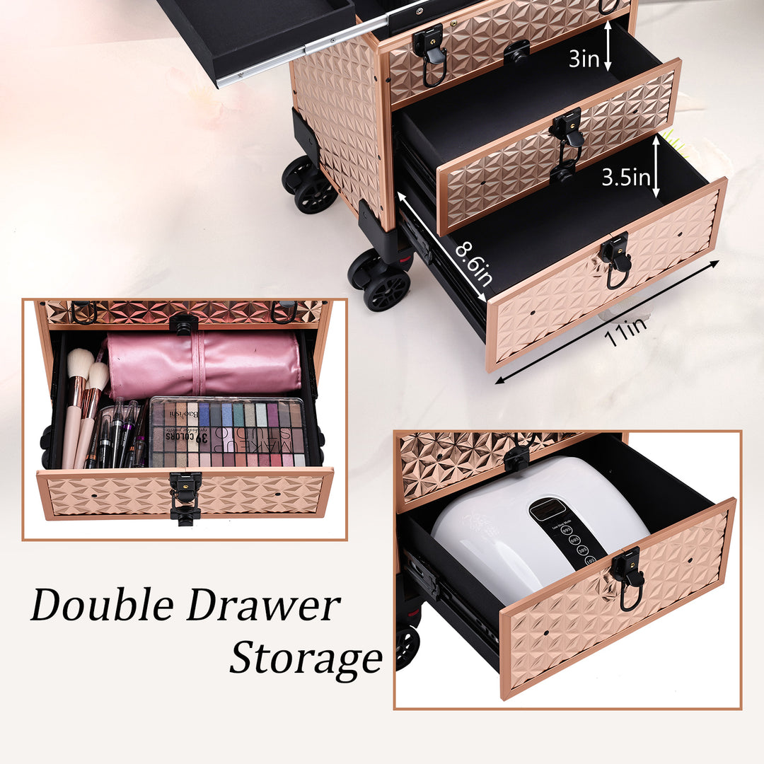 gold rolling makeup case with double drawer storage