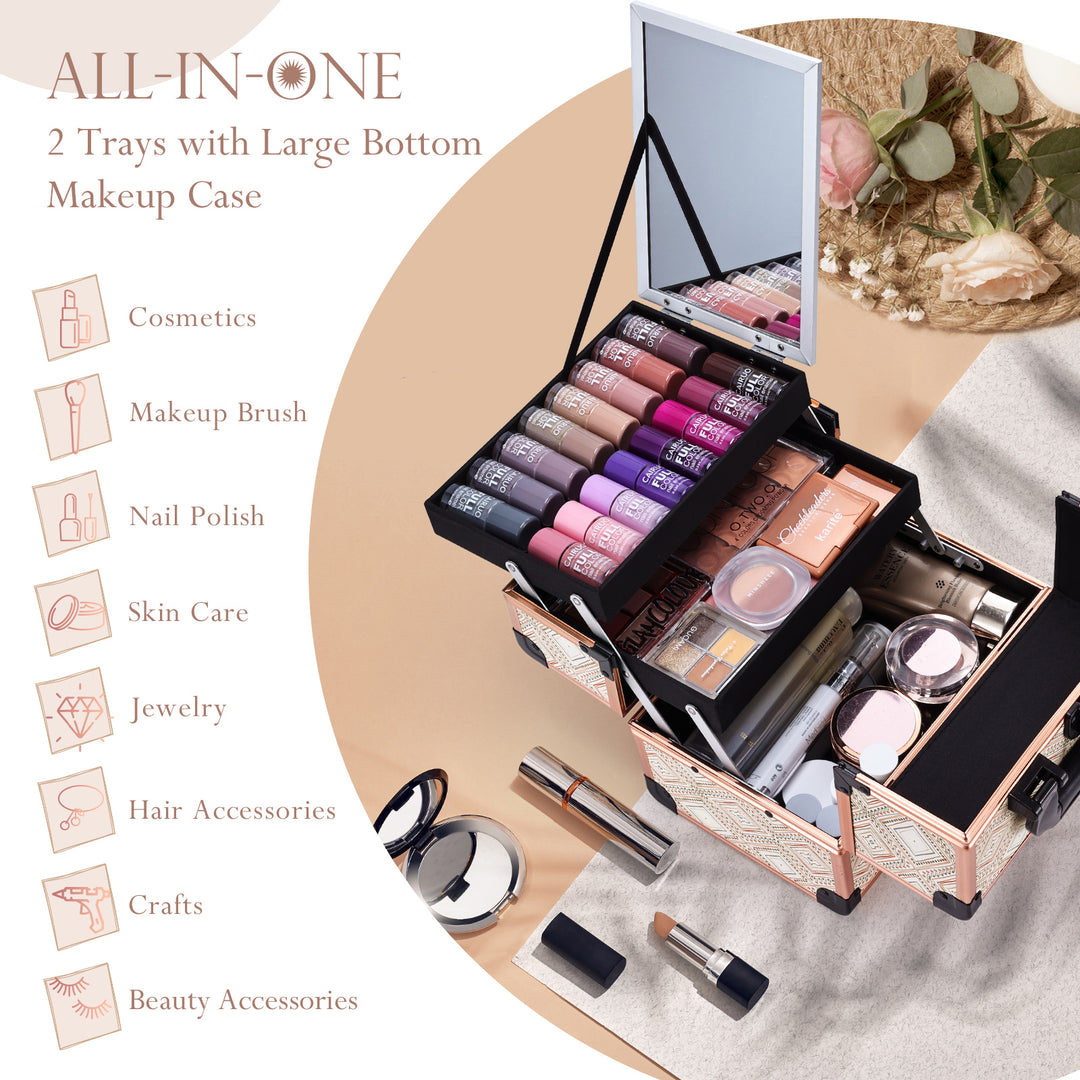 All-in-one 2 Trays with Large Bottom Makeup Case