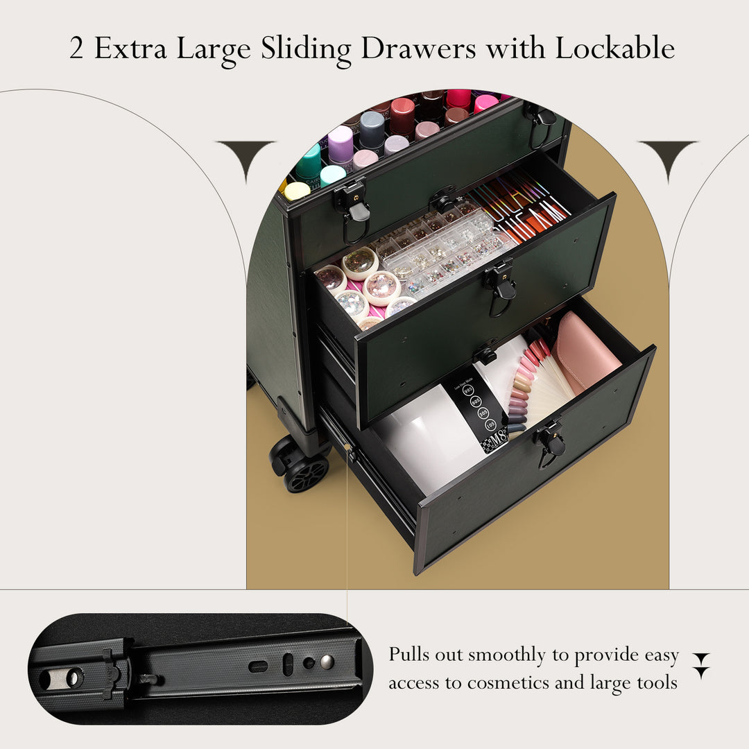 makeup case on the wheel with 2 lockable sliding drawers