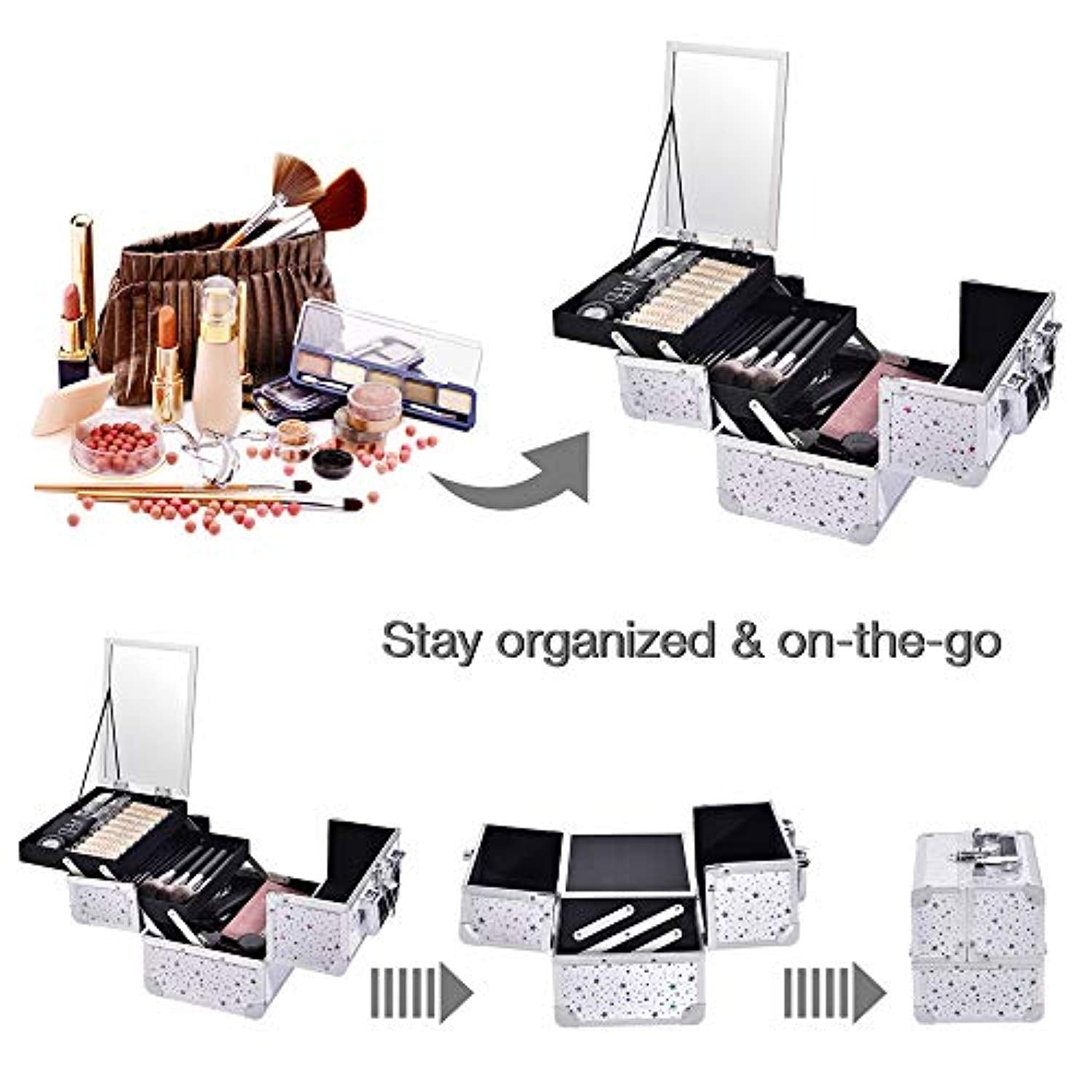 Joligrace 大容量　ビック星柄メイクボックス Joligrace White Star Makeup Case M87O