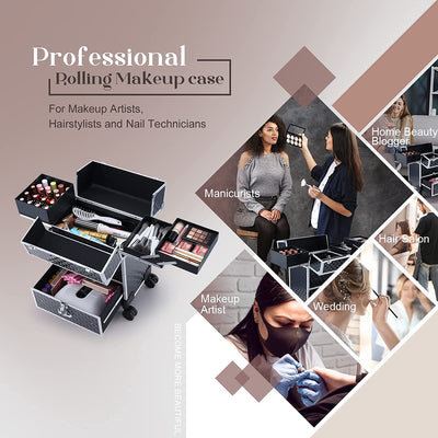 Professional Black Rolling Makeup Case 84X - Joligrace