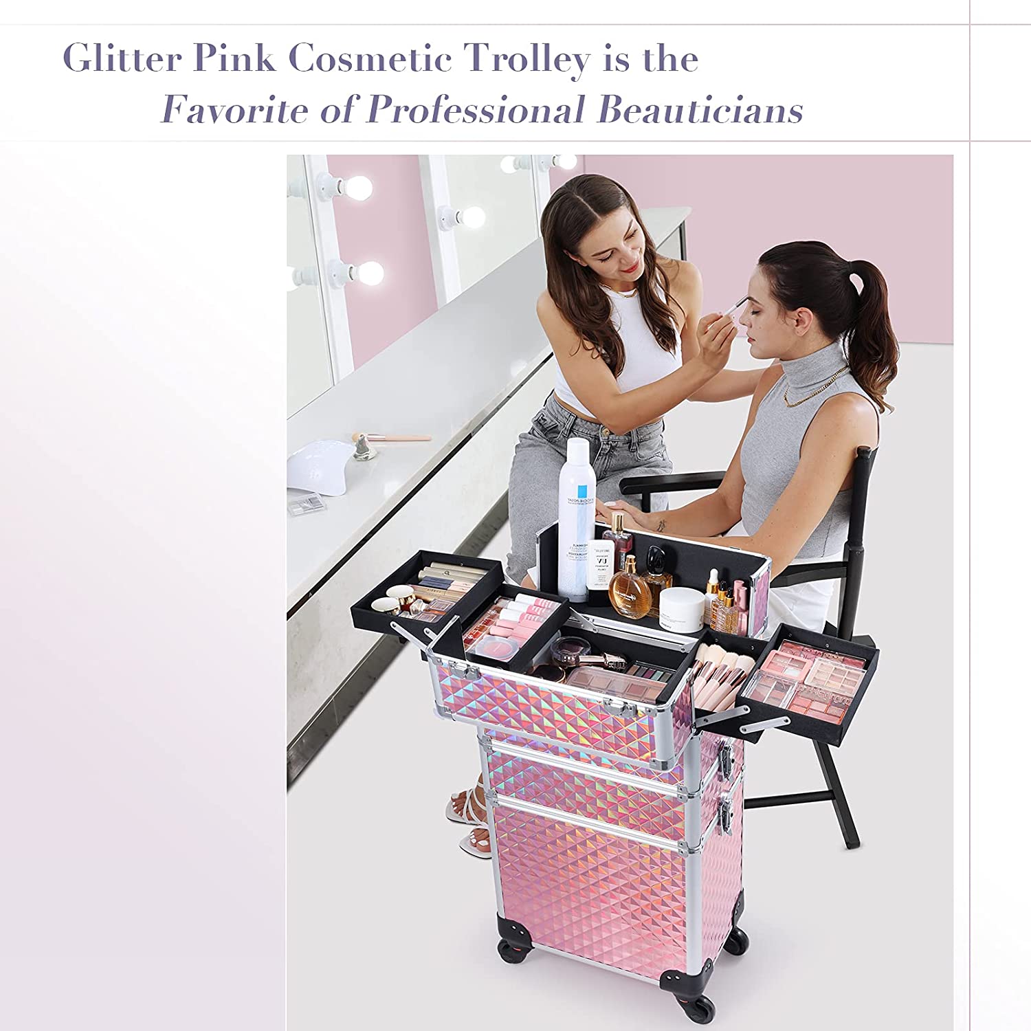 3 in 1 Pink Makeup Trolley Case with 360 Swivel Wheels 84H Joligrace