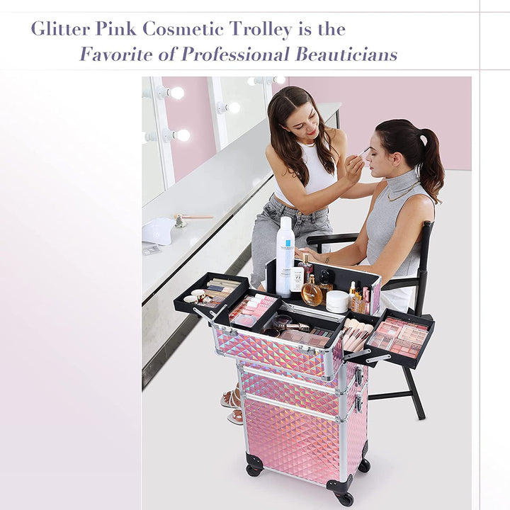 3 in 1 Pink Makeup Trolley Case with 360° Swivel Wheels 84H - Joligrace
