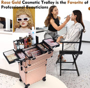 Rolling Makeup Train Case 3 in 1 Rose Gold Trolley storage 84J - Joligrace