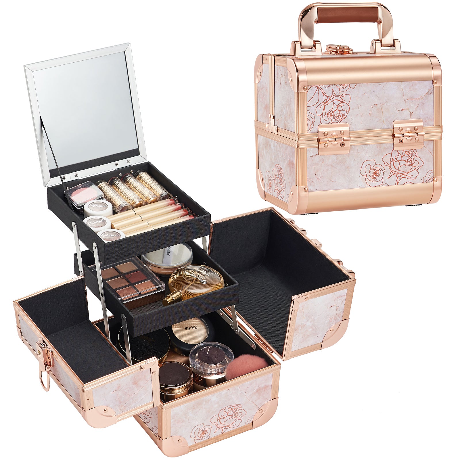 Marble Rose Gold Style+2Tier Trays with Mirror Makeup Case M83Z