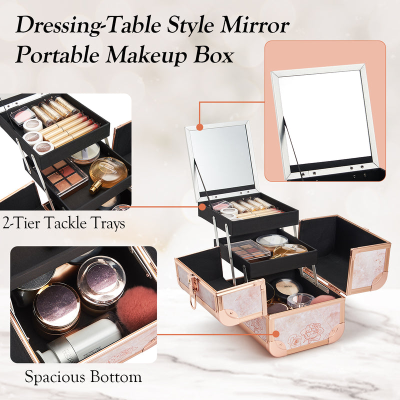 Marble Rose Gold Style+2Tier Trays with Mirror Makeup Case M83Z