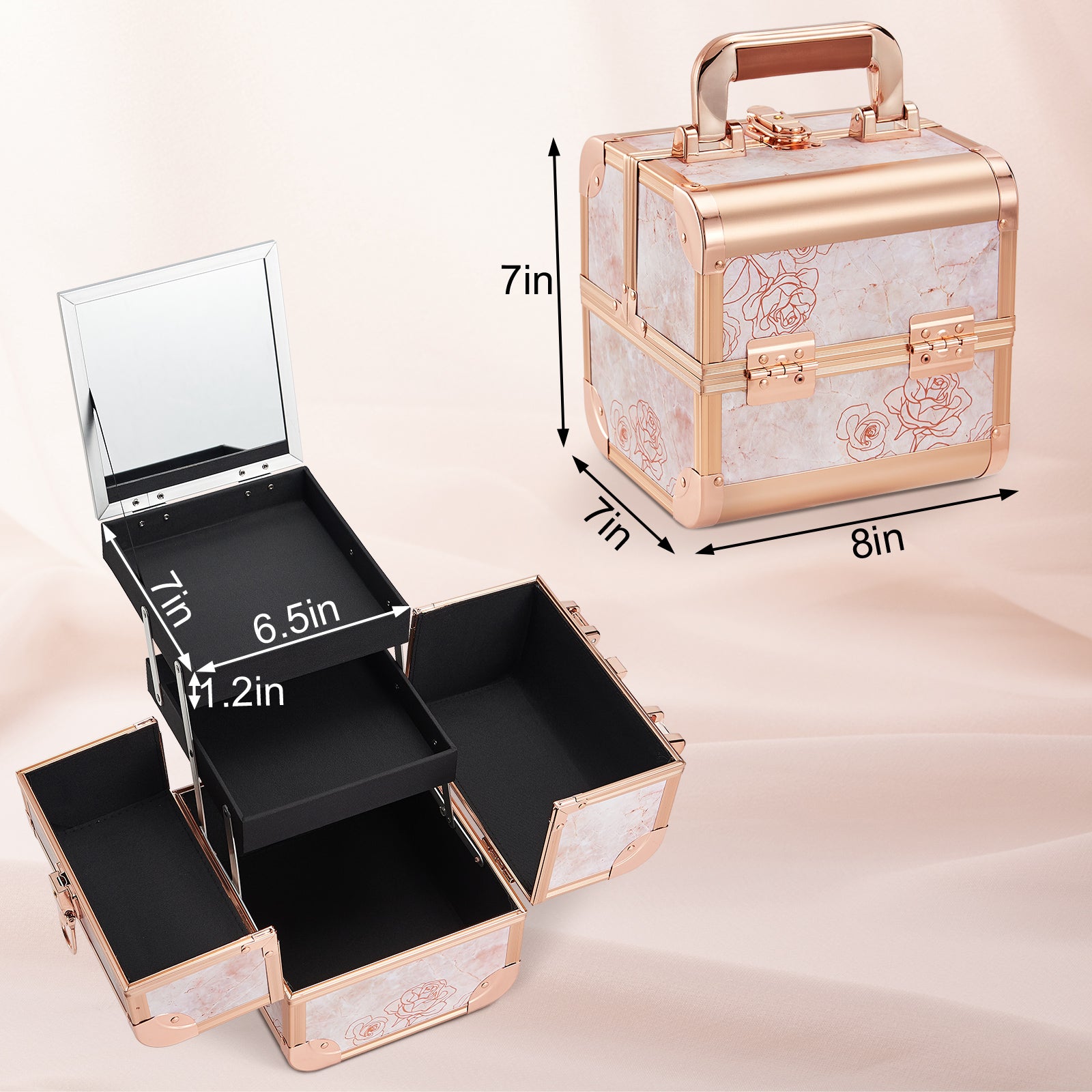Marble Rose Gold Style+2Tier Trays with Mirror Makeup Case M83Z