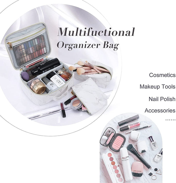 3Pcs Women Makeup Bag Set White Marble  Multifunctional Organizer 65C - Joligrace