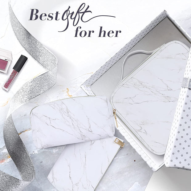3Pcs Women Makeup Bag Set White Marble  Multifunctional Organizer 65C - Joligrace